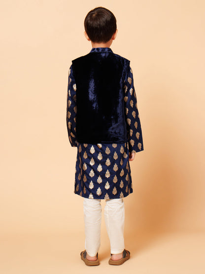 Piccolo Boys Blue Printed Kurta Pyjama with Velvet Jacket set
