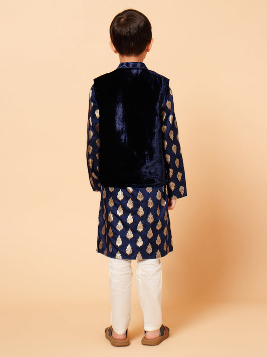 Piccolo Boys Blue Printed Kurta Pyjama with Velvet Jacket set