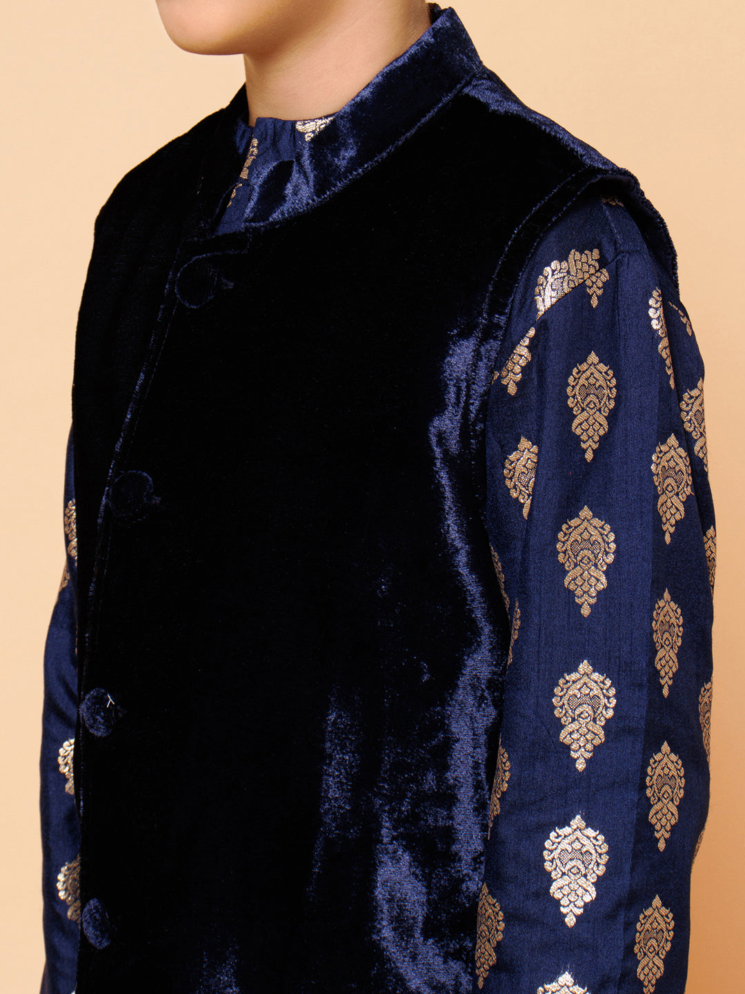 Piccolo Boys Blue Printed Kurta Pyjama with Velvet Jacket set