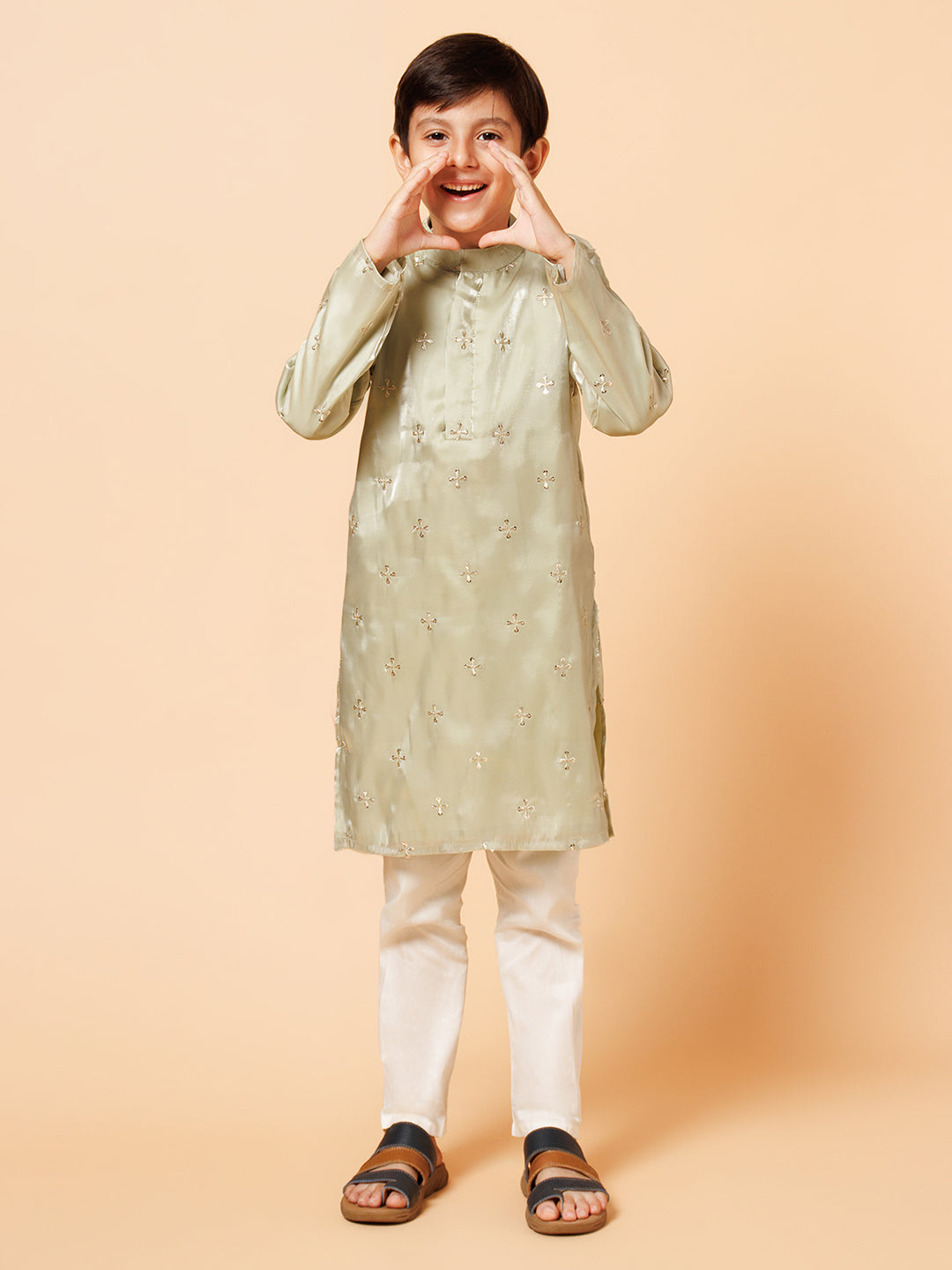 Piccolo Boys Green Tissue Kurta Pyjama set