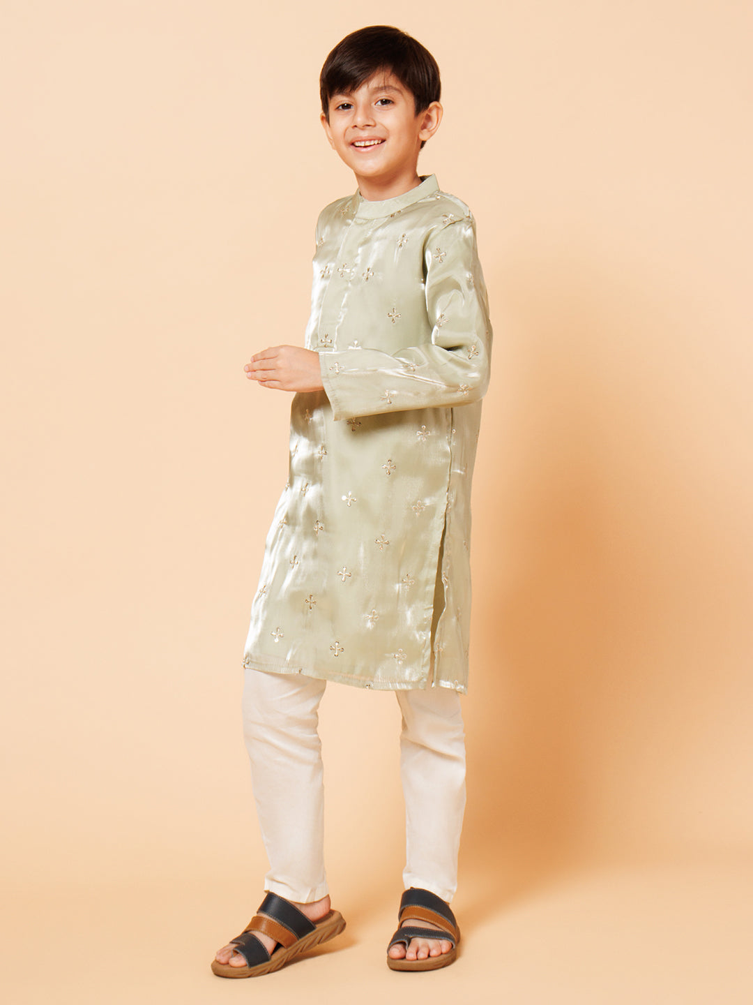 Piccolo Boys Green Tissue Kurta Pyjama set