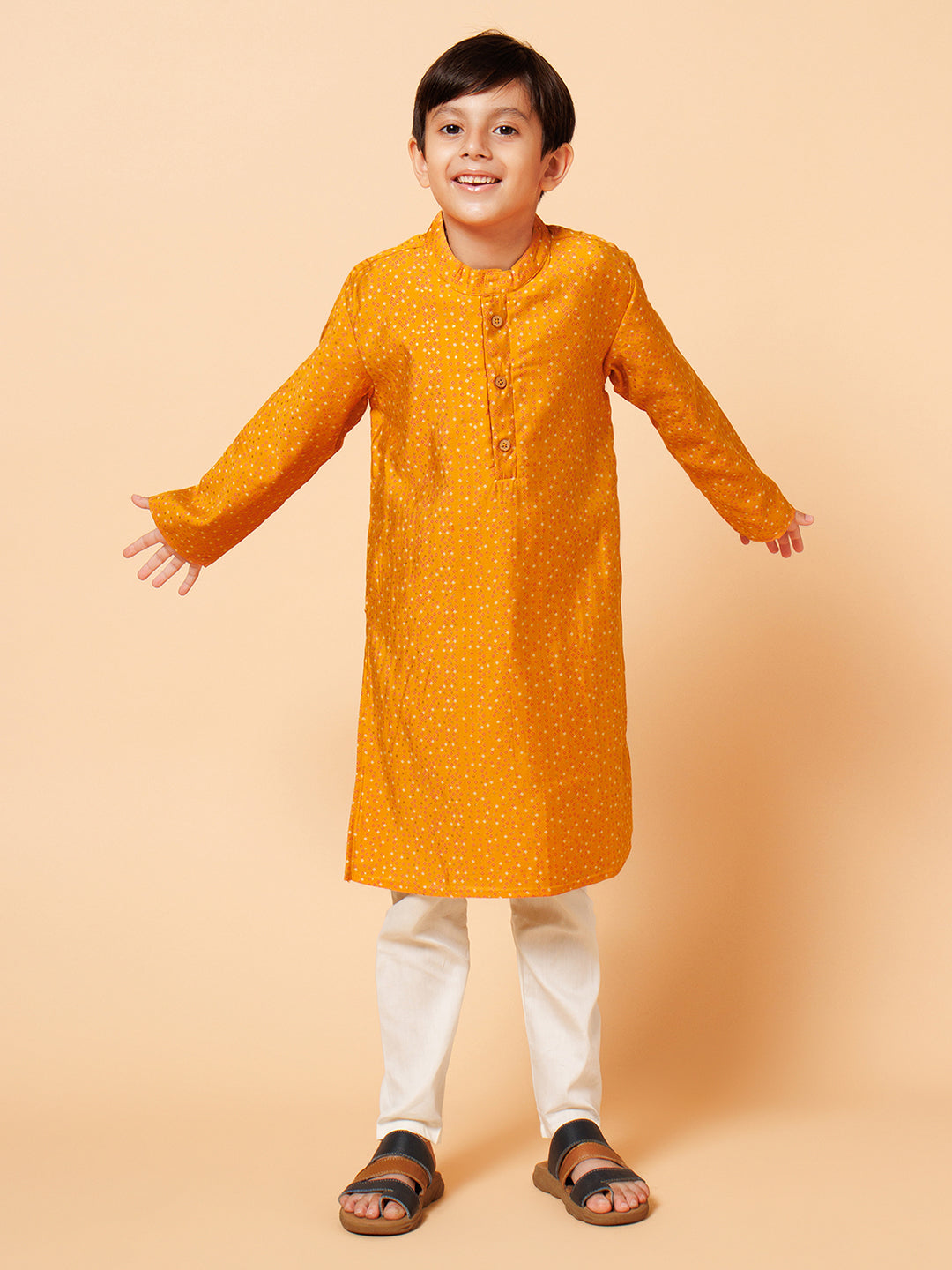 Piccolo Boys Yellow Bandhani print Kurta Pyjama set