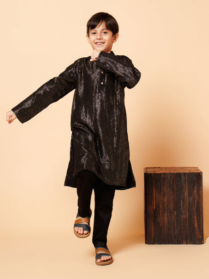 Piccolo Boys Black Golden Zari lining Kurta Pyjama set