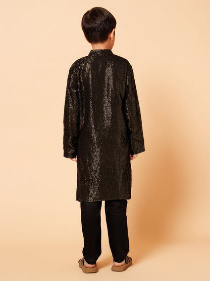 Piccolo Boys Black Golden Zari lining Kurta Pyjama set