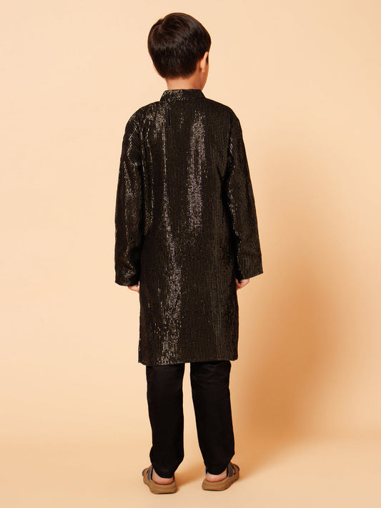 Piccolo Boys Black Golden Zari lining Kurta Pyjama set