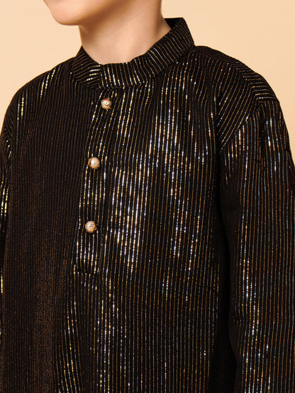 Piccolo Boys Black Golden Zari lining Kurta Pyjama set