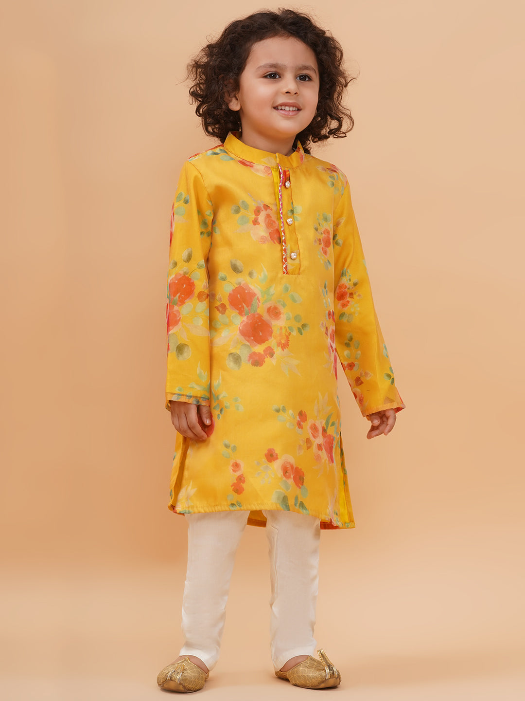 Boys Yellow Organza Floral Motif Kurta And Pyjamas Set