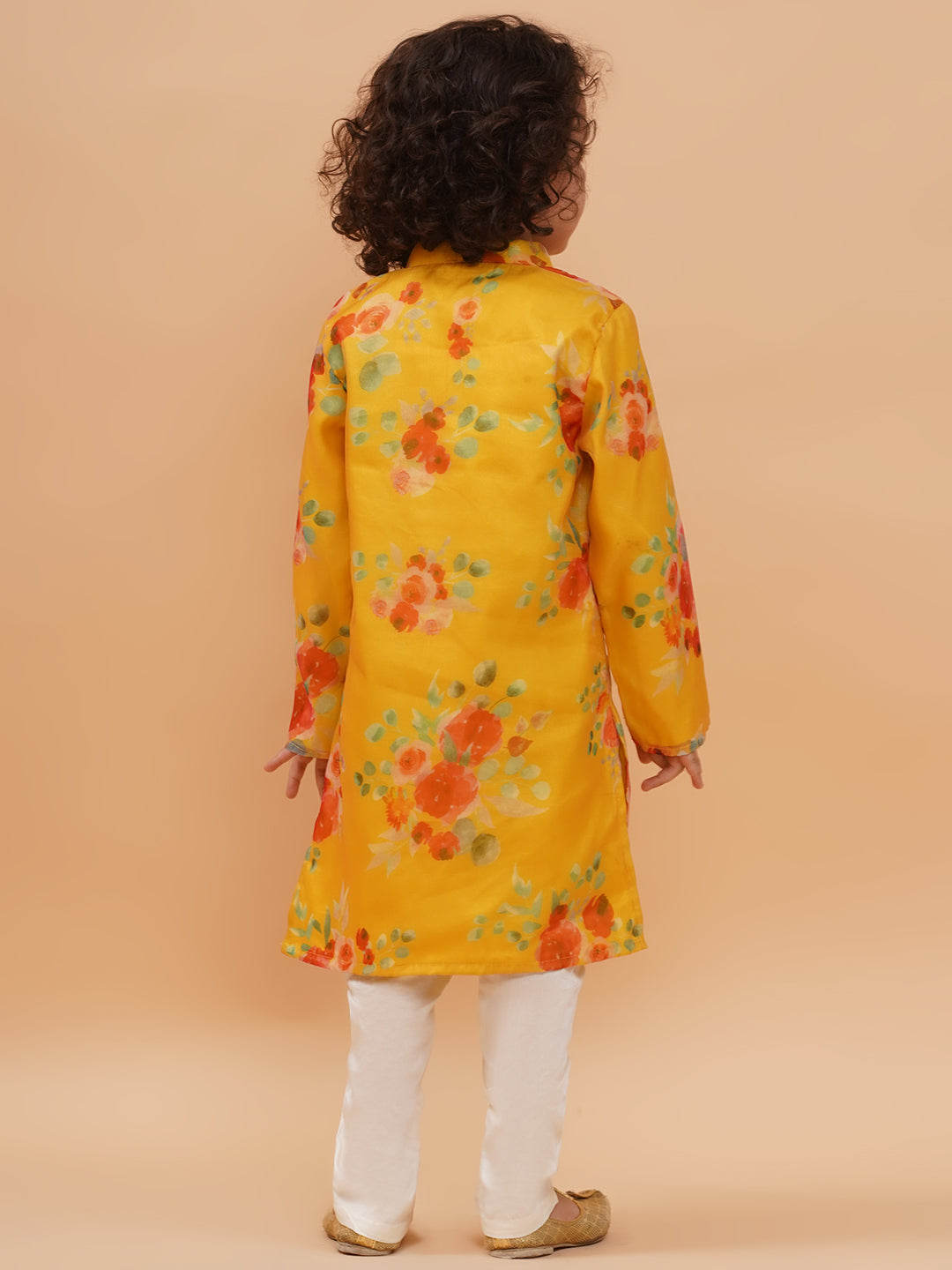 Boys Yellow Organza Floral Motif Kurta And Pyjamas Set
