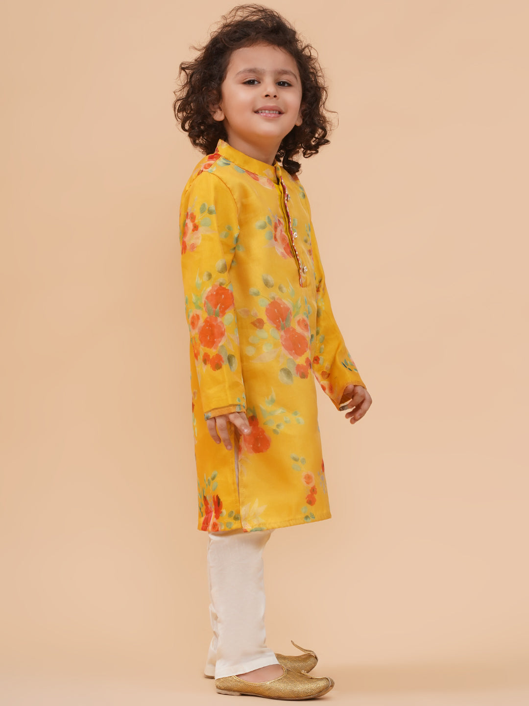 Boys Yellow Organza Floral Motif Kurta And Pyjamas Set