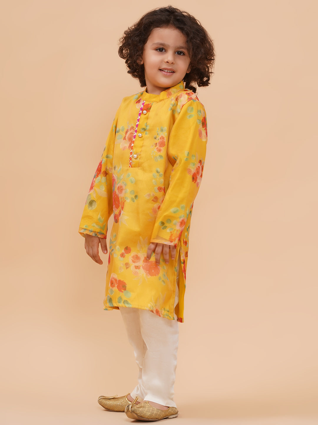 Boys Yellow Organza Floral Motif Kurta And Pyjamas Set