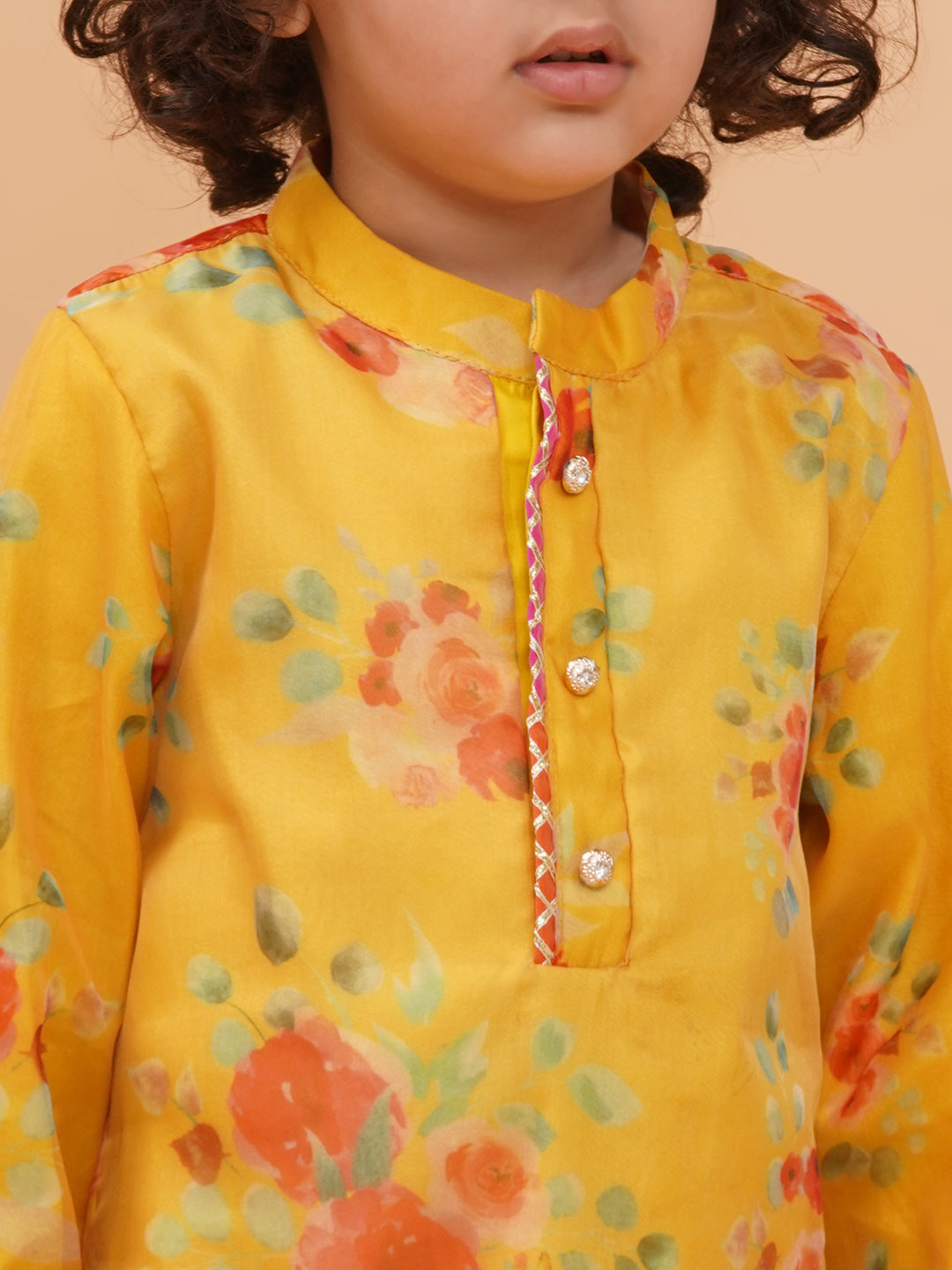 Boys Yellow Organza Floral Motif Kurta And Pyjamas Set
