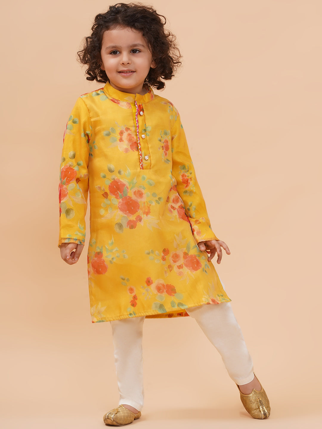 Boys Yellow Organza Floral Motif Kurta And Pyjamas Set