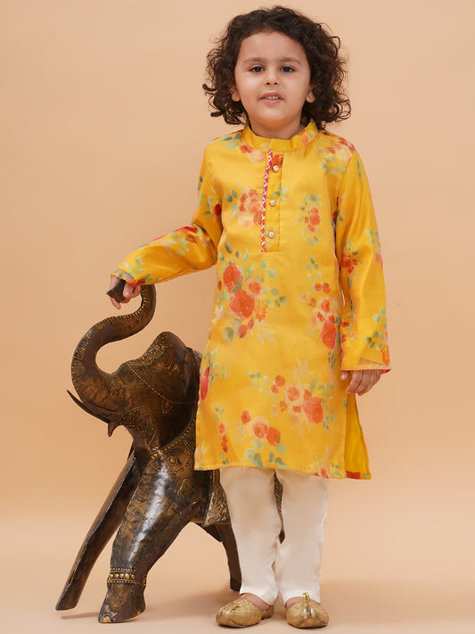 Boys Yellow Organza Floral Motif Kurta And Pyjamas Set