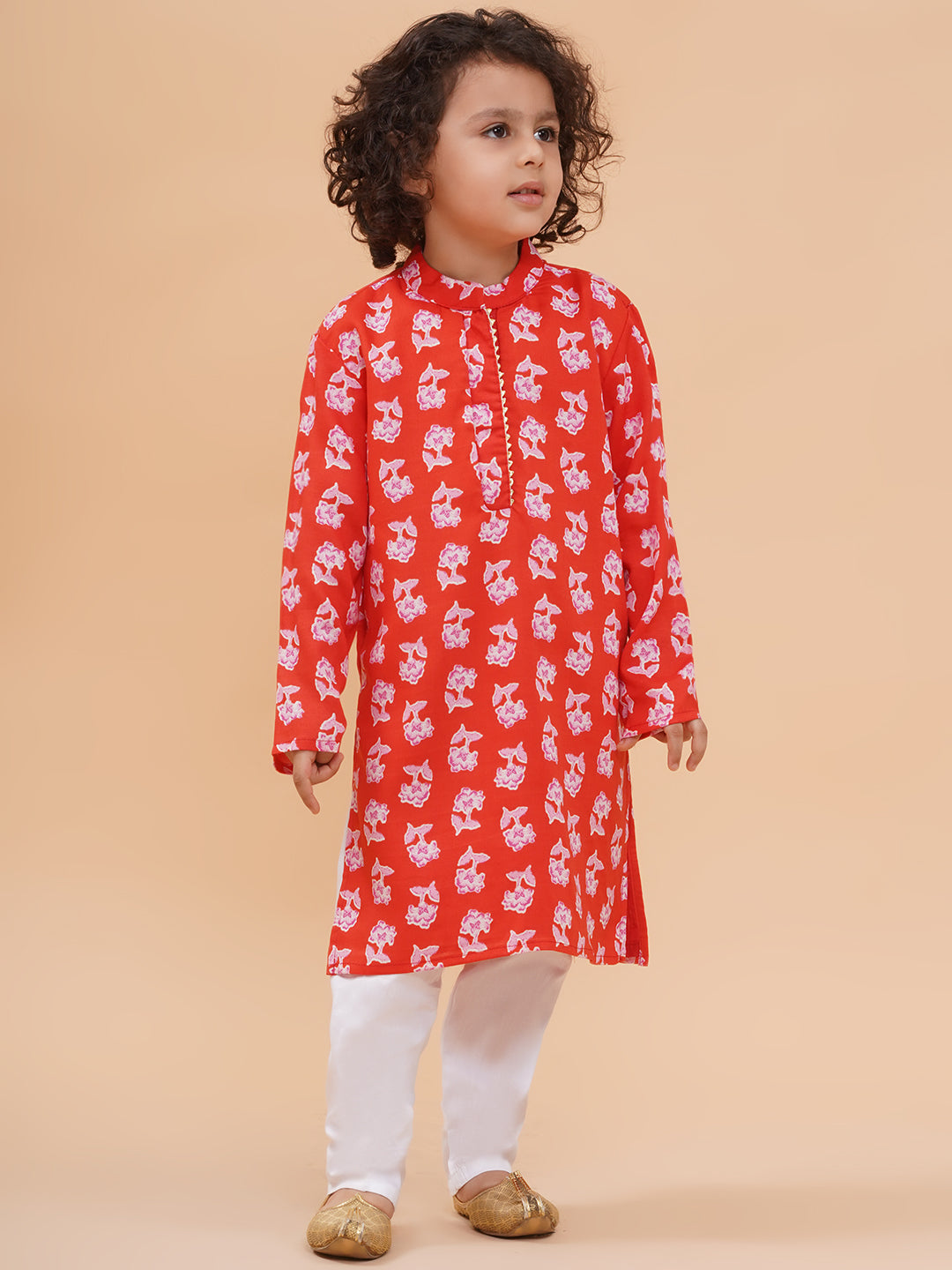Boys Red Floral Motif Kurta And Pyjamas Set