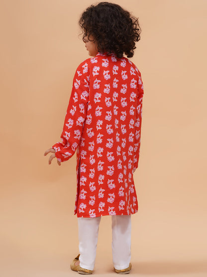 Boys Floral Printed Straight Kurta with Pyjamas