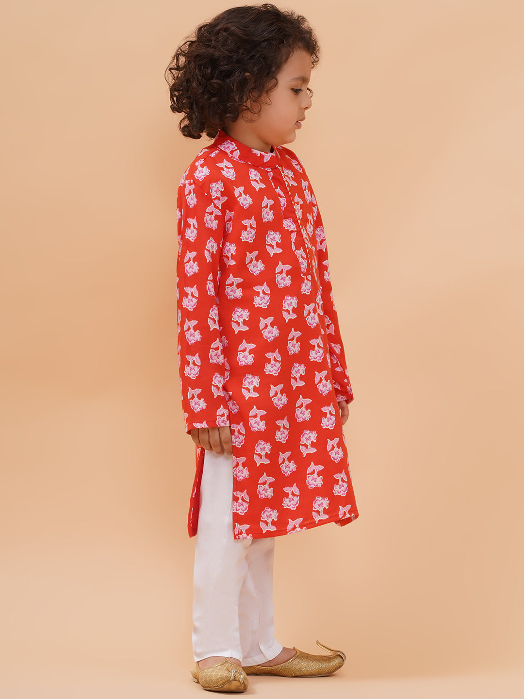Boys Red Floral Motif Kurta And Pyjamas Set