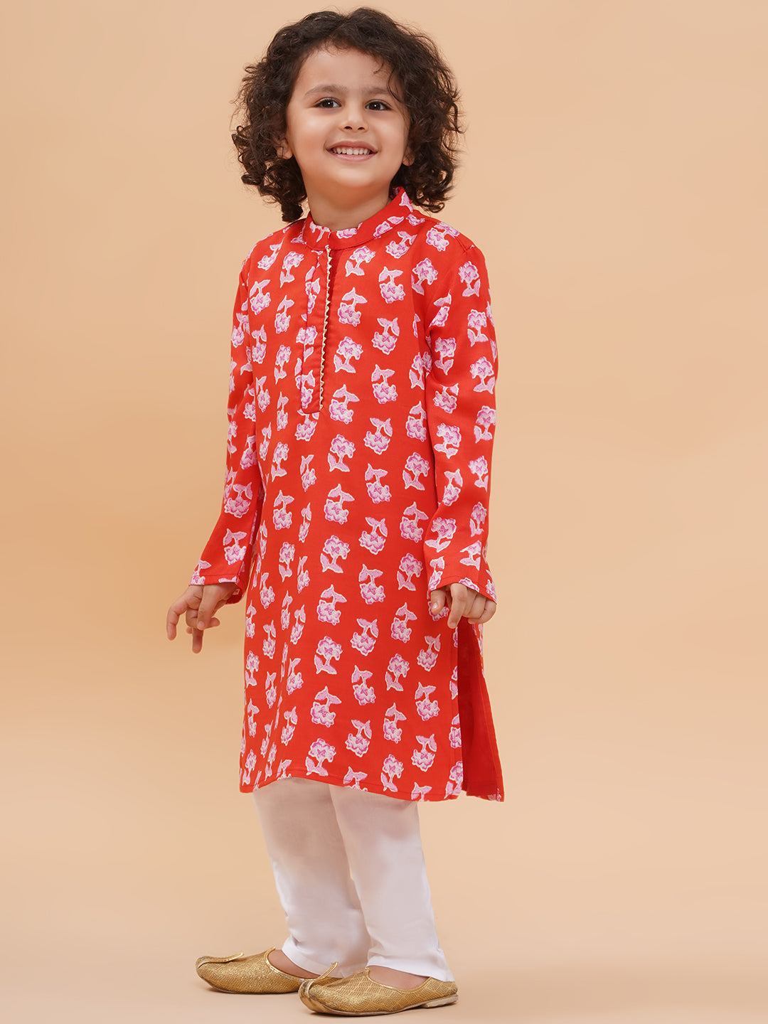 Boys Red Floral Motif Kurta And Pyjamas Set