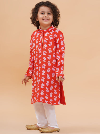 Boys Floral Printed Straight Kurta with Pyjamas