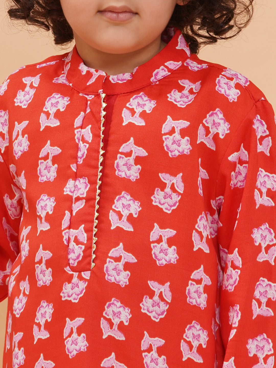 Boys Red Floral Motif Kurta And Pyjamas Set