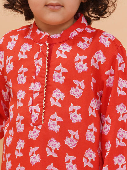 Boys Cotton Floral Printed Straight Kurta with Pyjamas