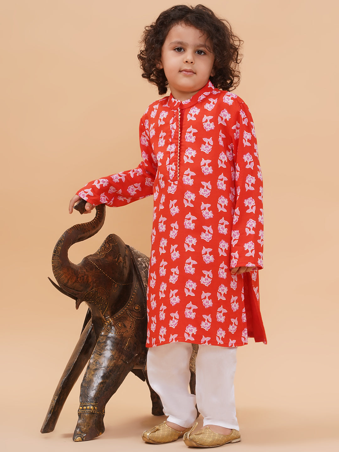 Boys Floral Printed Straight Kurta with Pyjamas