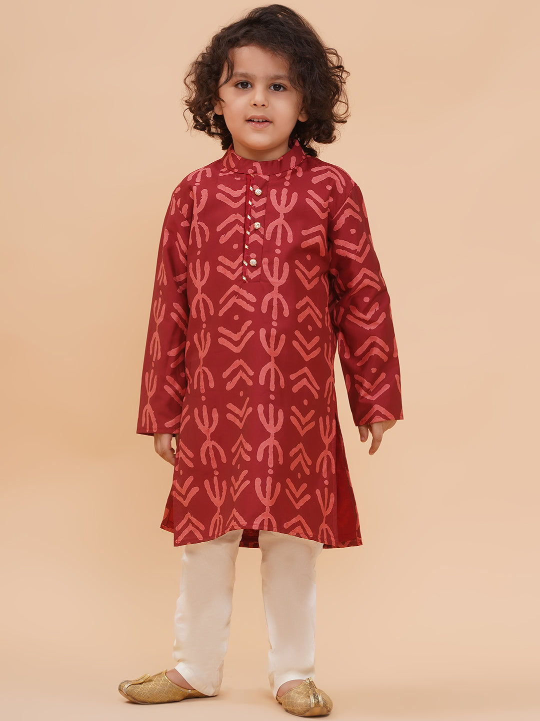 Boys Maroon Pure Cotton Geometric Print Kurta And Pyjamas Set