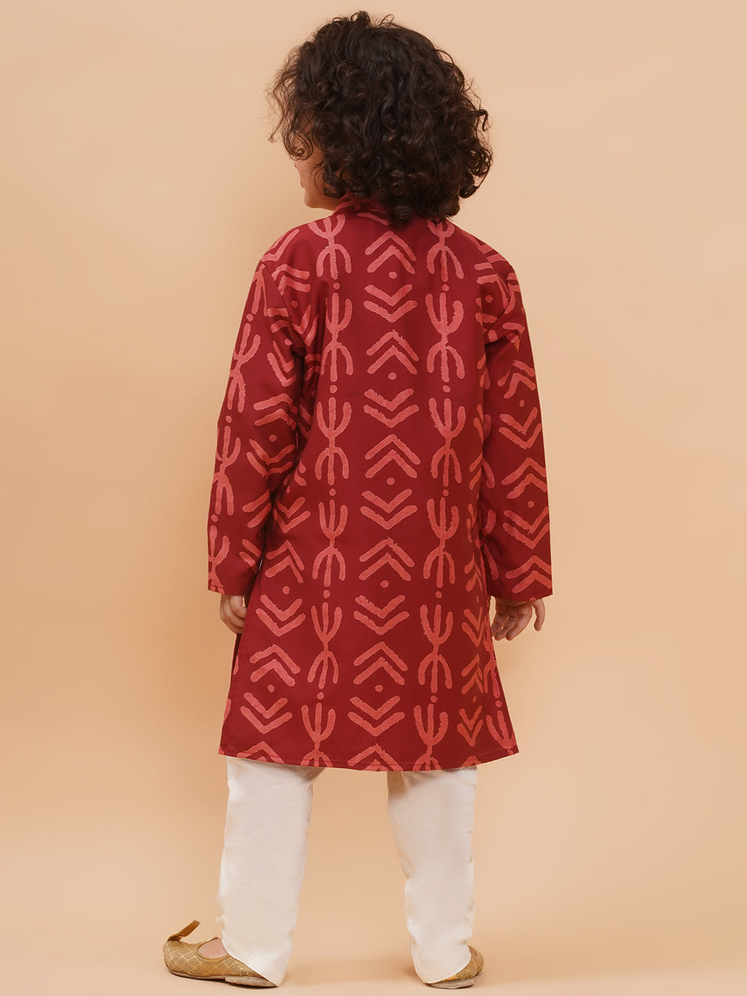 Boys Maroon Pure Cotton Geometric Print Kurta And Pyjamas Set