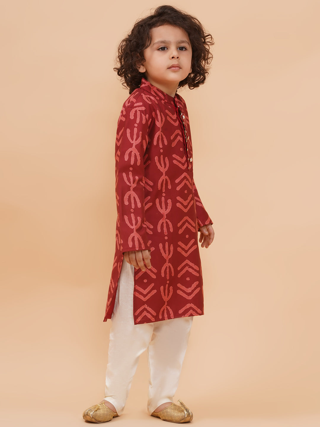 Boys Maroon Pure Cotton Geometric Print Kurta And Pyjamas Set