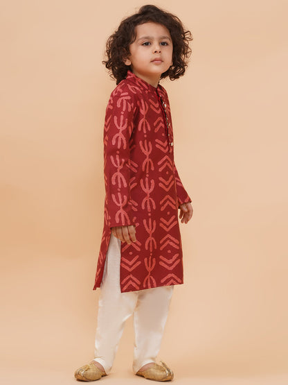 Boys Pure Cotton Geometric Print Straight Kurta with Pyjamas