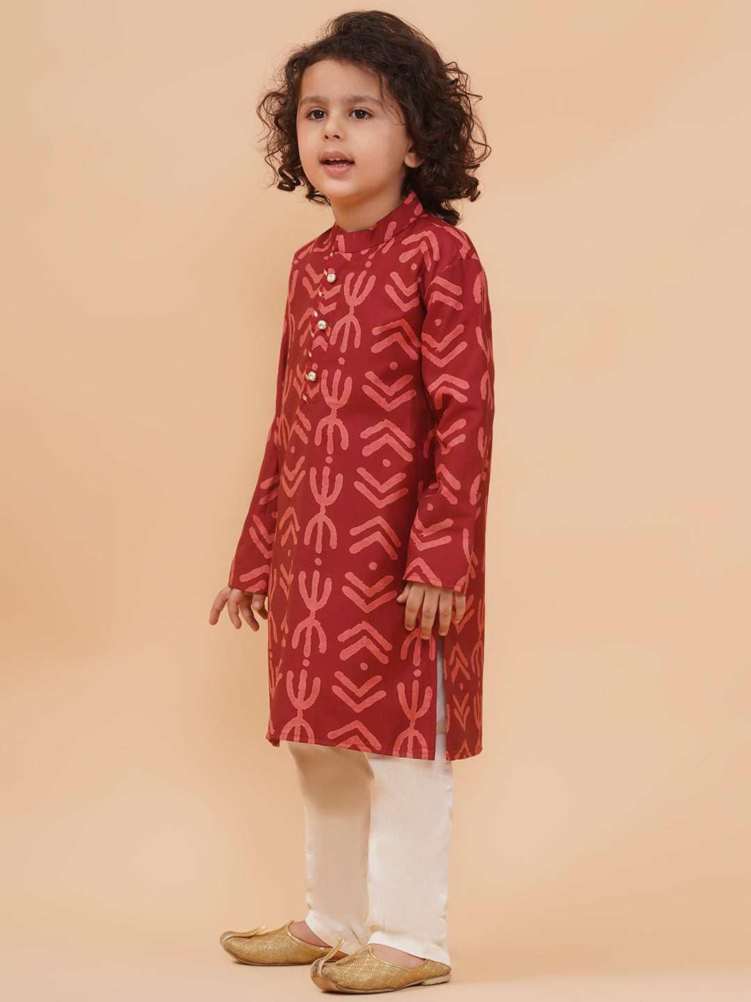 Boys Maroon Pure Cotton Geometric Print Kurta And Pyjamas Set