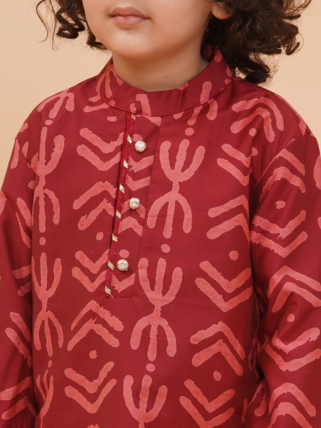 Boys Maroon Pure Cotton Geometric Print Kurta And Pyjamas Set