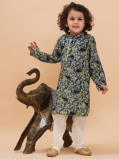 Boys Floral Printed Pure Cotton Straight Kurta with Pyjamas