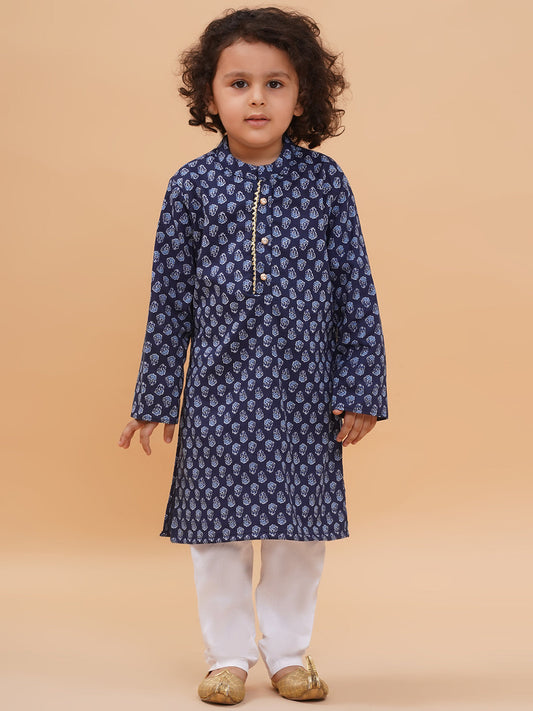 Boys Floral Printed Pure Cotton Straight Kurta with Pyjamas