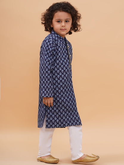 Boys Floral Printed Pure Cotton Straight Kurta with Pyjamas