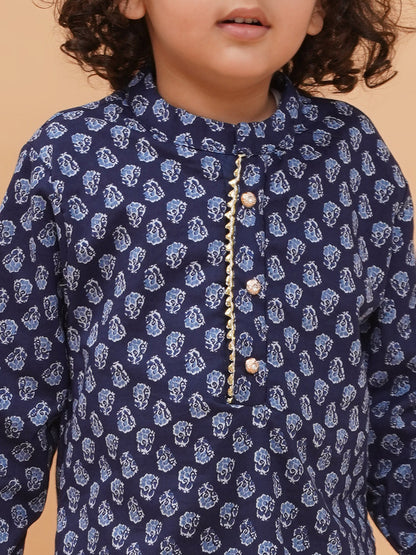 Boys Floral Printed Pure Cotton Straight Kurta with Pyjamas