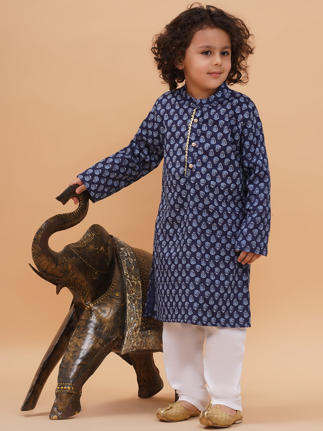 Boys Floral Printed Pure Cotton Straight Kurta with Pyjamas