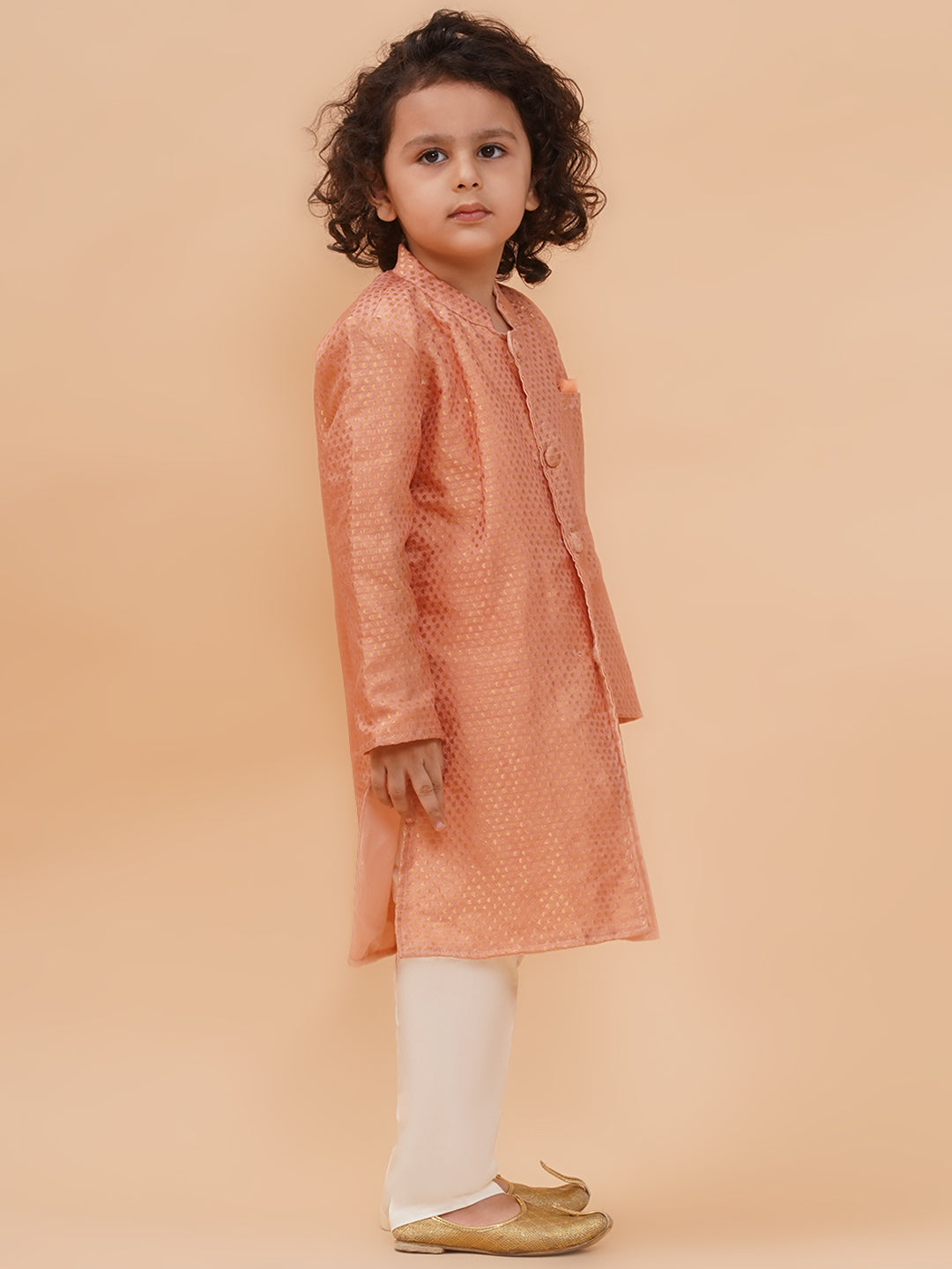 Boys Peach Pure Silk Zari Woven Sherwani And Pyjamas Set