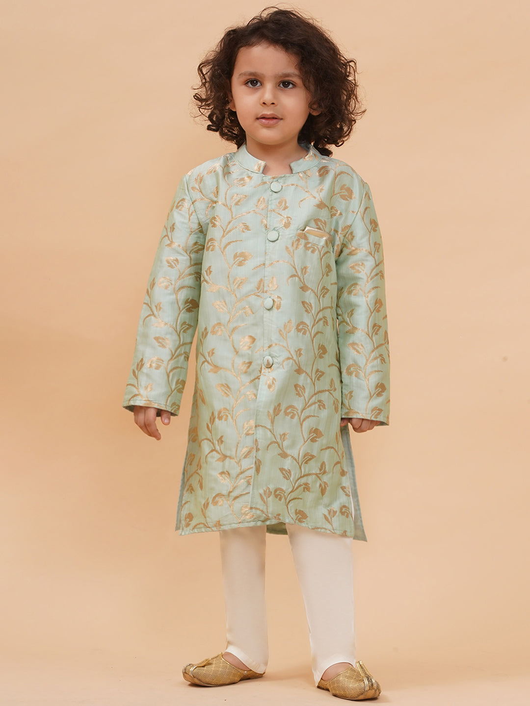 Boys Mint Green Pure Silk Gold Floral Motif Sherwani And Pyjamas Set