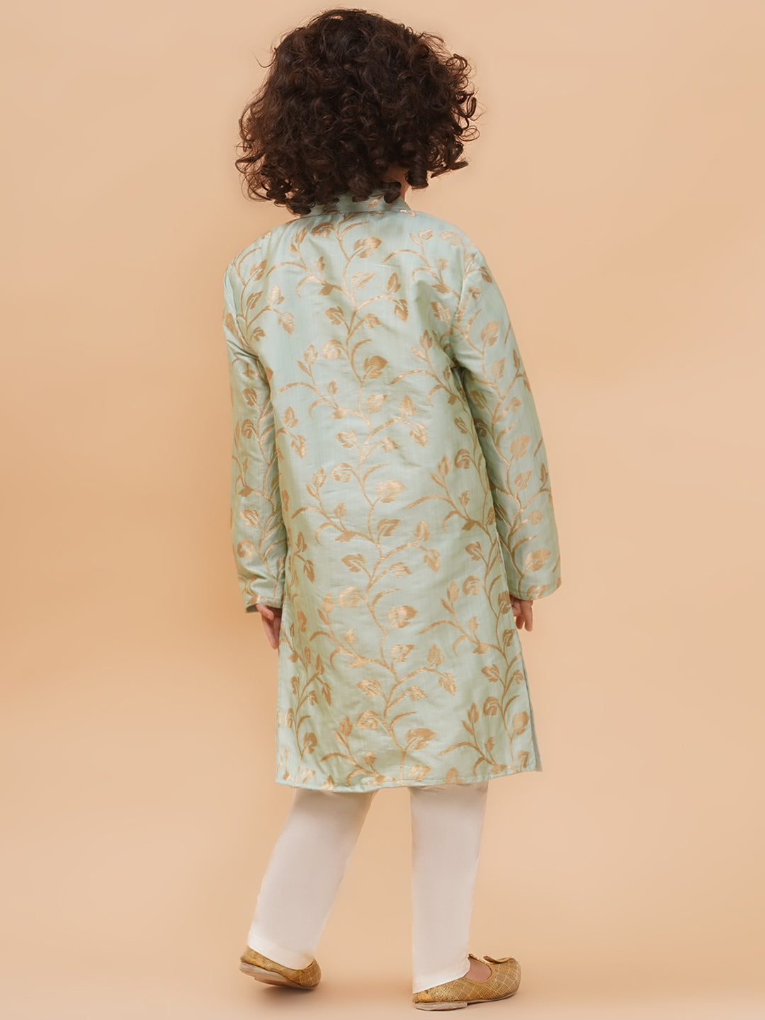 Boys Floral Printed Pure Silk Straight Kurta with Pyjamas