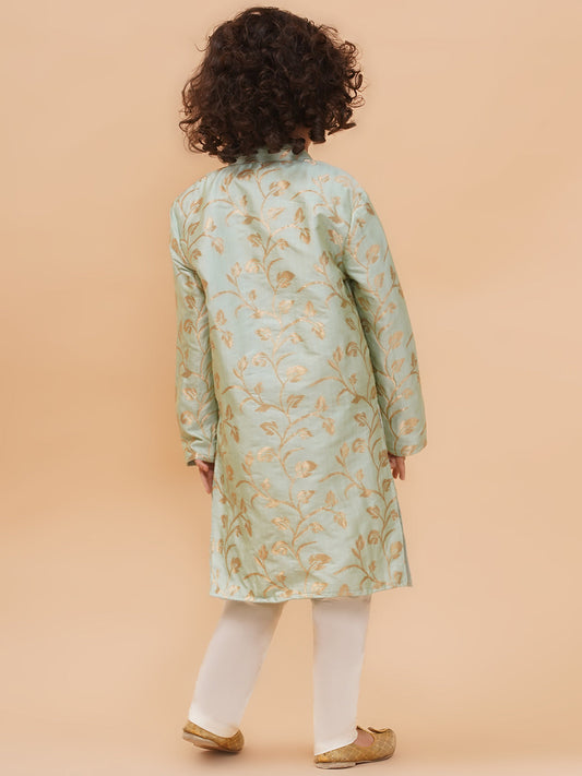 Boys Floral Printed Pure Silk Straight Kurta with Pyjamas