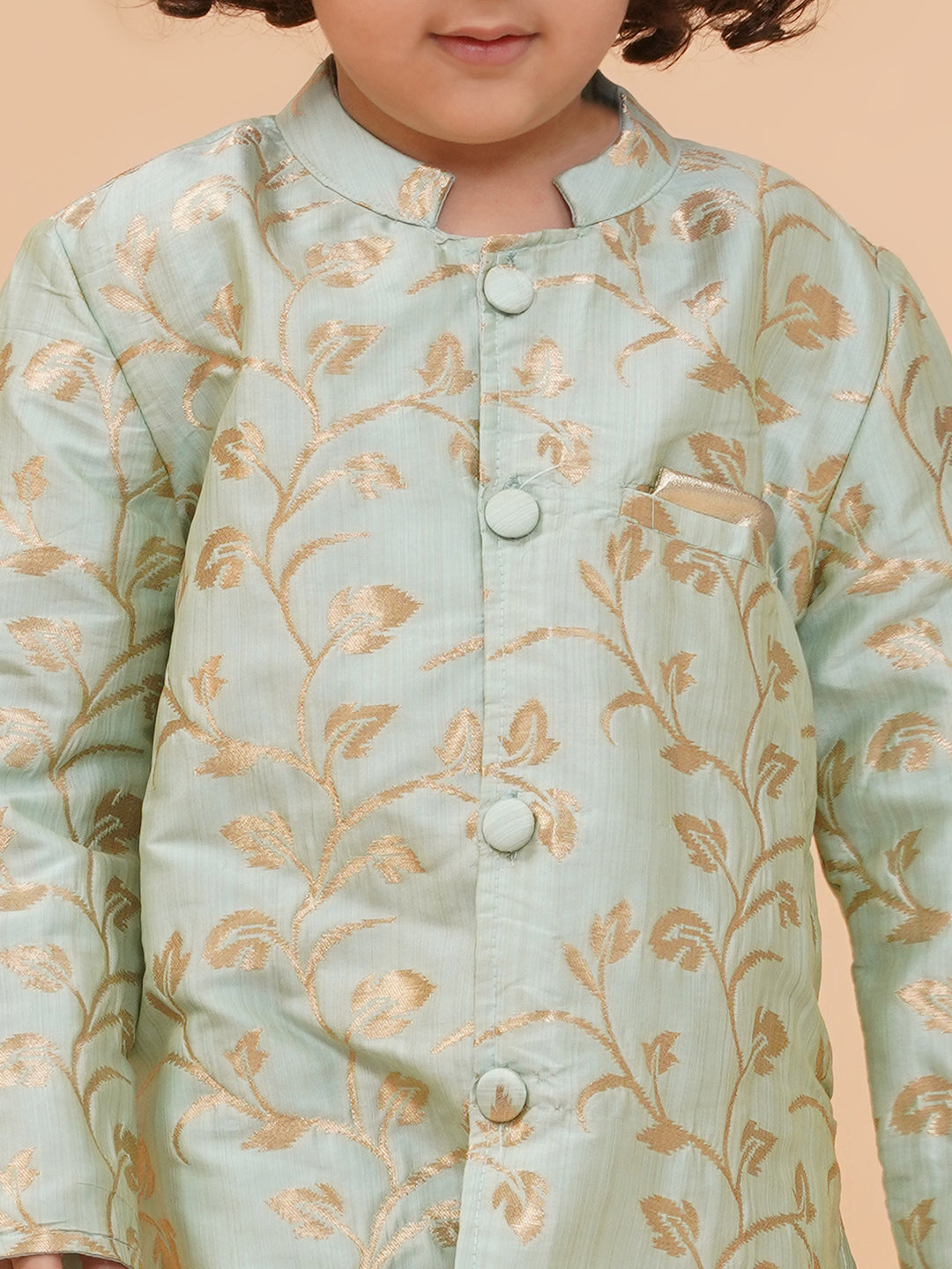 Boys Floral Printed Pure Silk Straight Kurta with Pyjamas