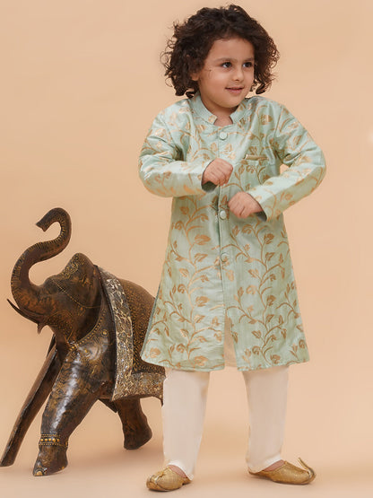 Boys Floral Printed Pure Silk Straight Kurta with Pyjamas