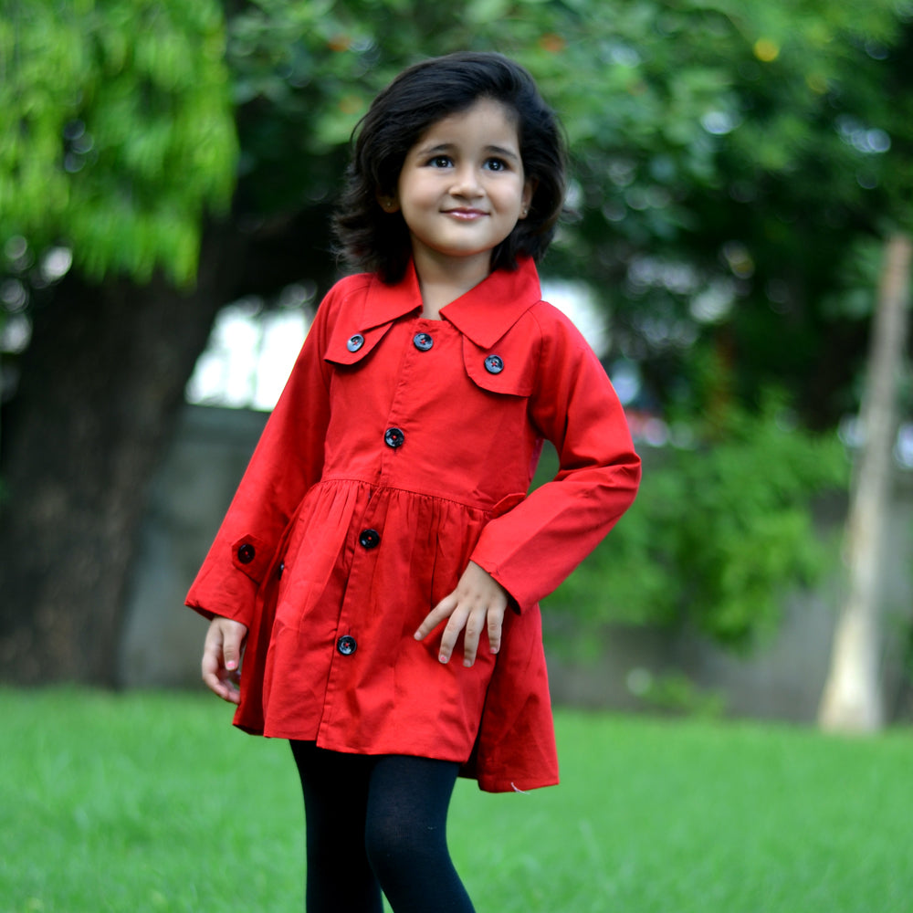 Collar Neck Solid Trench Coat with Attached Buttons - Red