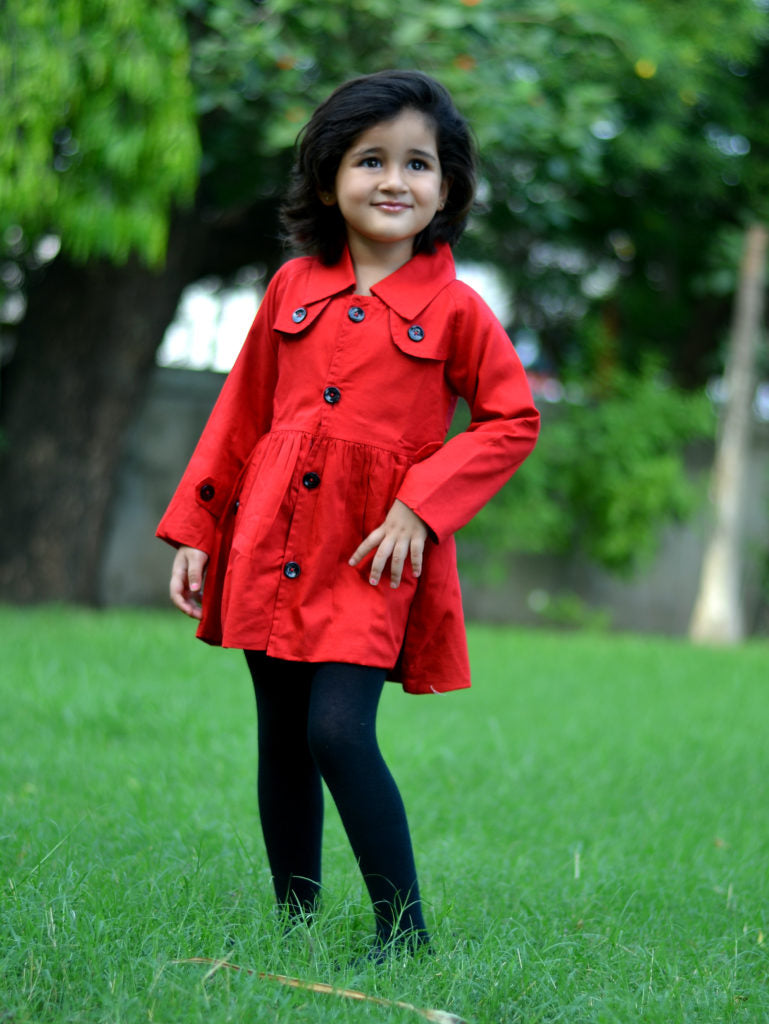 Collar Neck Solid Trench Coat with Attached Buttons - Red