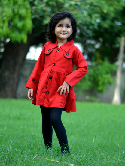 Collar Neck Solid Trench Coat with Attached Buttons - Red