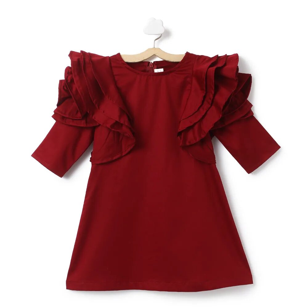 Shoulder Frilled Casual Dress - Maroon