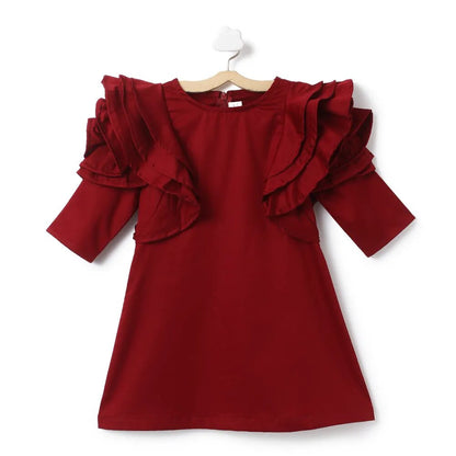 Shoulder Frilled Casual Dress - Maroon