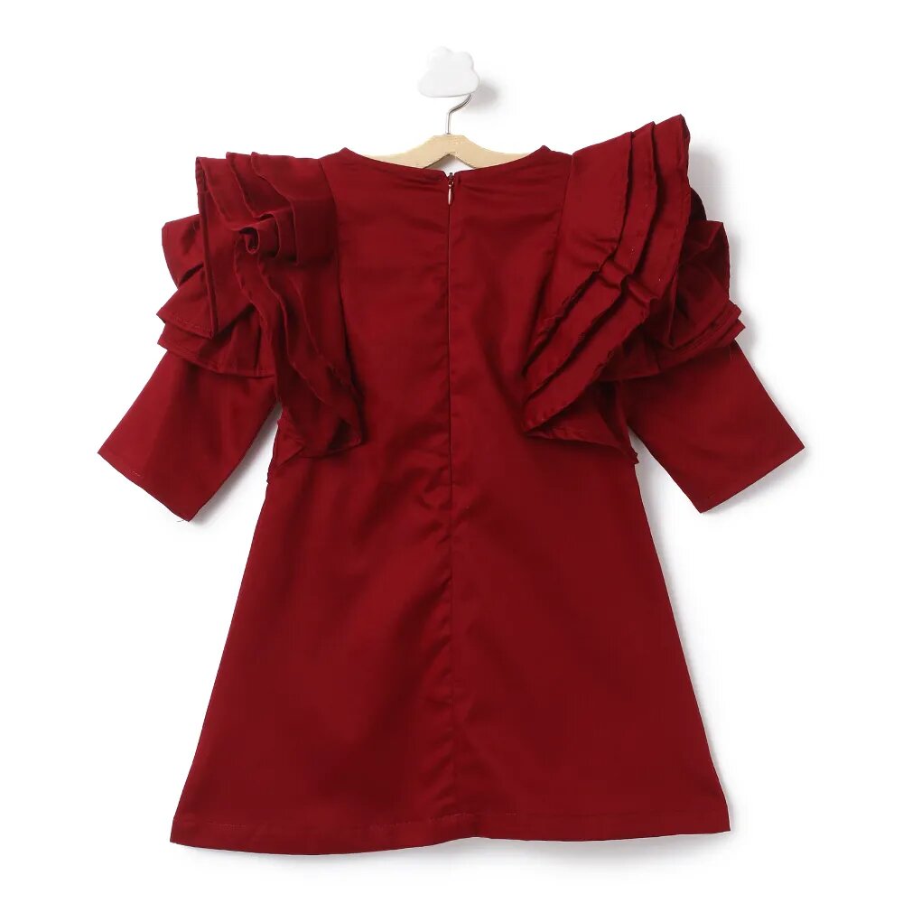 Shoulder Frilled Casual Dress - Maroon