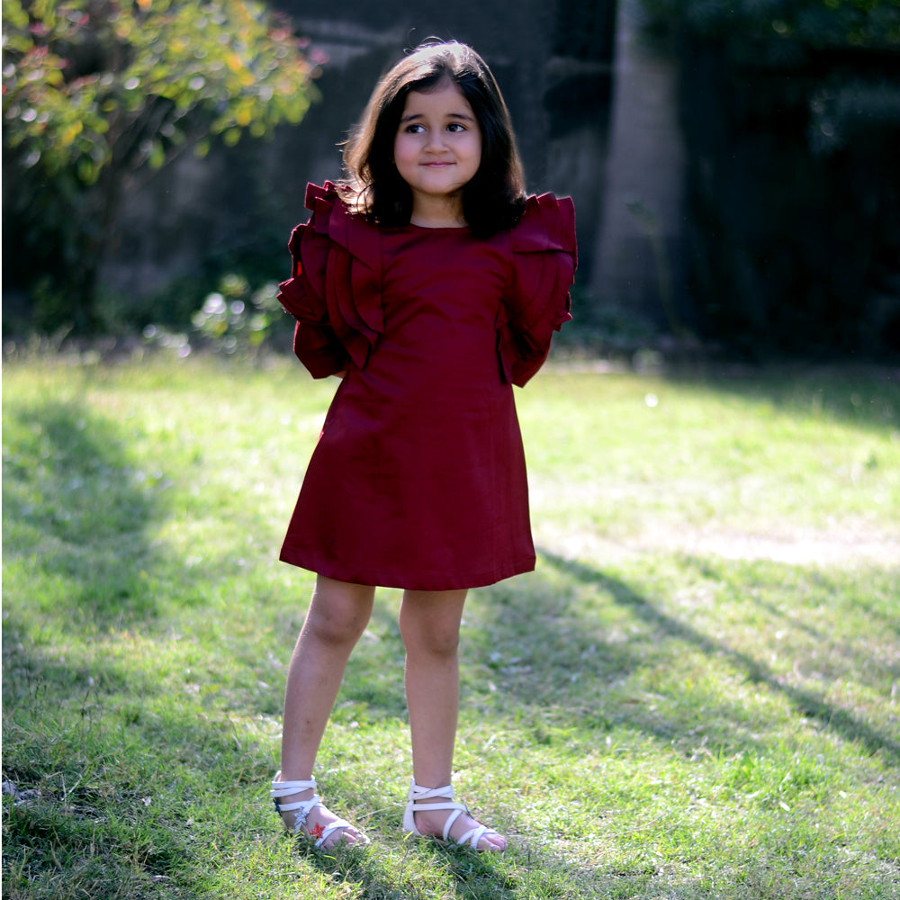 Shoulder Frilled Casual Dress - Maroon