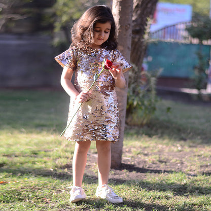 Sequin Half Sleeves Golden Party Dress